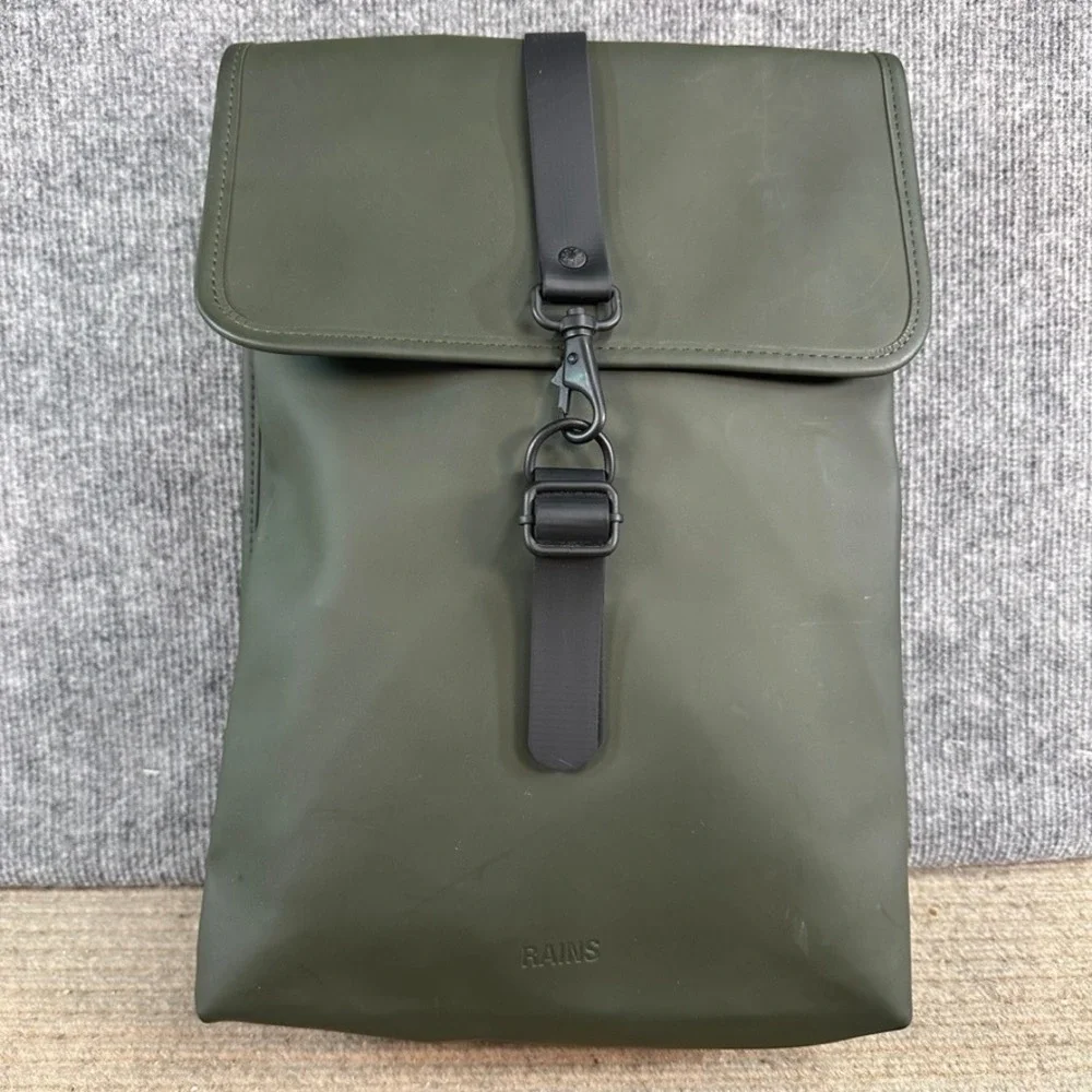 Rains Backpack Mini Olive Green Waterproof Matte Rucksack Carabiner Clasp